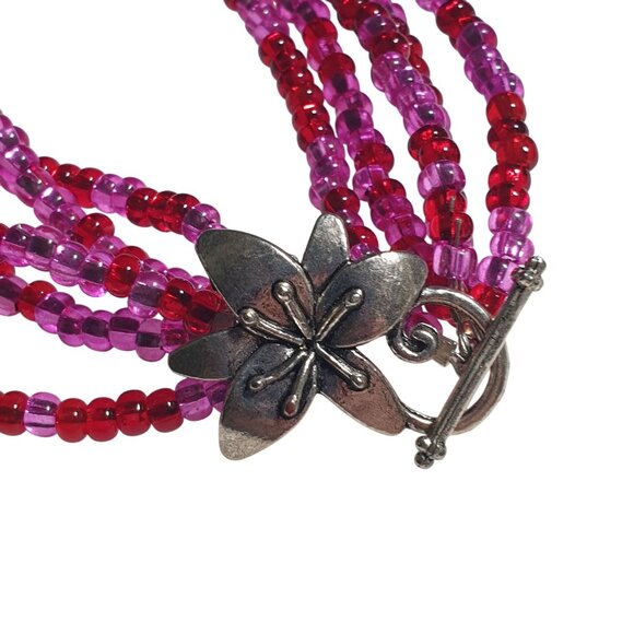 Beaded Bracelet Vintage Red Pink Glass Silver Flower Clasp Handmade Jewelry - Picture 3 of 5